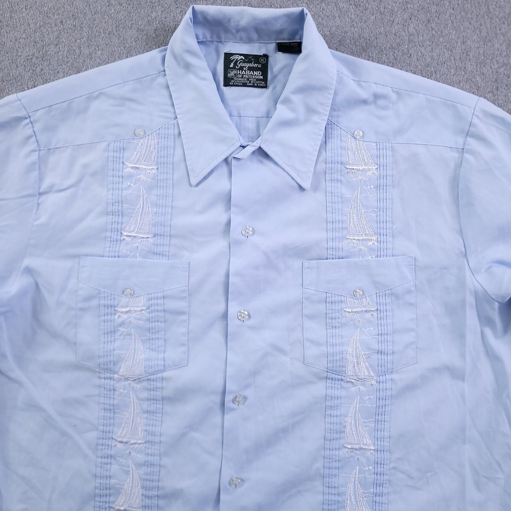 Haband Guayabera Shirt Mens XL Blue Cuban Wedding Embroidered Sailboat Vintage